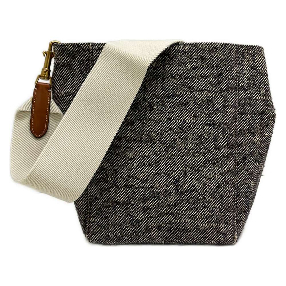 Celine Sangle Small Shoulder Bag Dark Navy Cream Brown Canvas Calf Skin